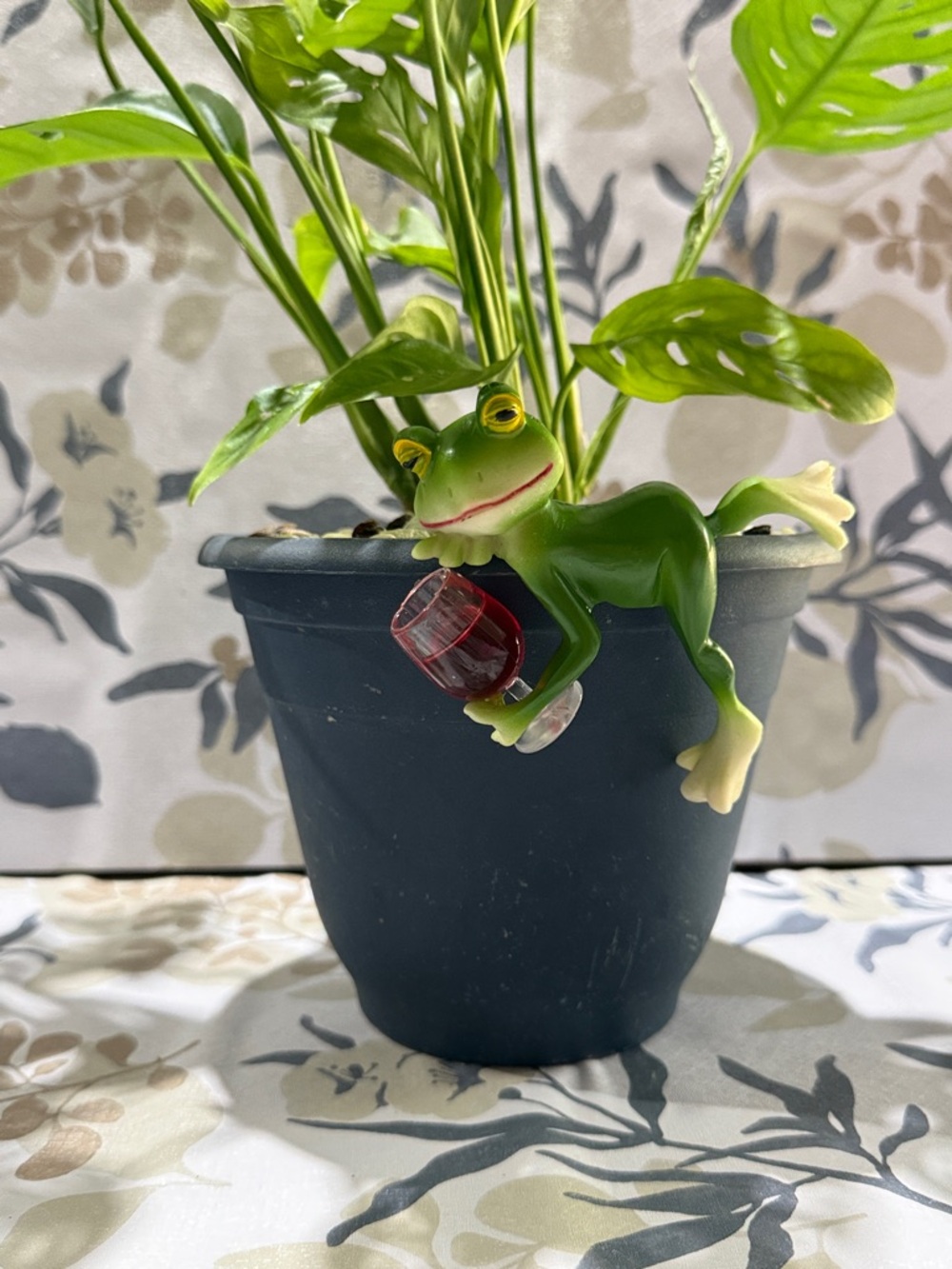 Green Frog Planter Decoration with Red Wine Glass-NWT